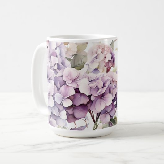 Elegante rosa lila Wasserfarben Hortensien Kaffeetasse (Vorderseite Links)