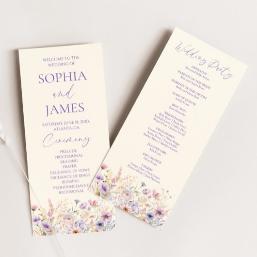 Elegante rosa lila Wildblumen-Wiese Hochzeit Programm