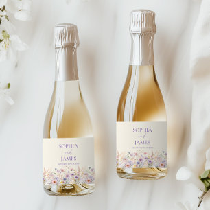 Elegante rosa lila Wildblumen-Wiese Hochzeit Schaumweinetikett
