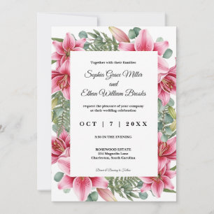 Elegante rosa Lilien Blumen Eukalyptus Hochzeit Einladung