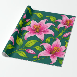 Elegante rosa Lilienblume mit grünem Laub Geschenkpapier