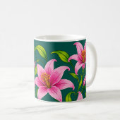 Elegante rosa Lilienblume mit grünem Laub Kaffeetasse (VorderseiteRechts)