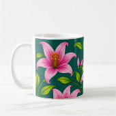 Elegante rosa Lilienblume mit grünem Laub Kaffeetasse (Links)