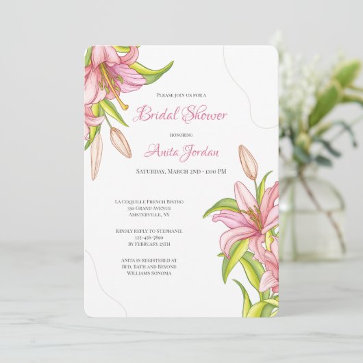 Elegante Rosa Lilies Einladung (Stehend Vorderseite)