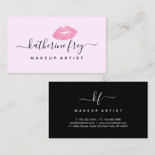 Elegante Rosa Lippen handgeschriebene Skriptkallig Visitenkarte (Vorne/Hinten)