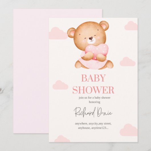 elegante Rosa Mädchen Dusche Einladung Bär (Vorne/Hinten)