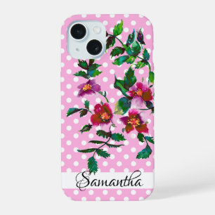 Elegante rosa-magenta Aquarell-Wildrose mit Punkte iPhone 15 Hülle