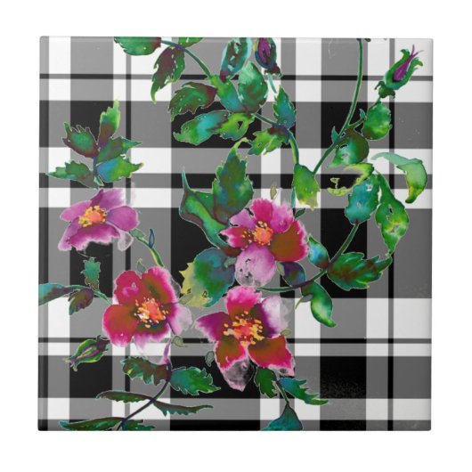 Elegante rosa magenta Aquarellfarben Rose kariert Fliese (Vorderseite)