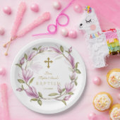 Elegante rosa Magnolia Blume Wreath Gold Taufe Pappteller (Party)