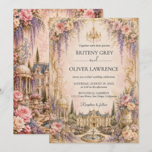 Elegante rosa Märchen-Schloss-Hochzeit Einladung