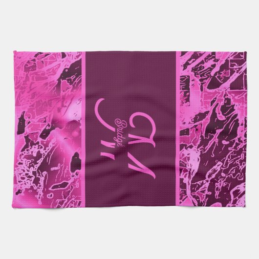 Elegante rosa Marmormor fett formatierte Monogramm Geschirrtuch (Horizontal)