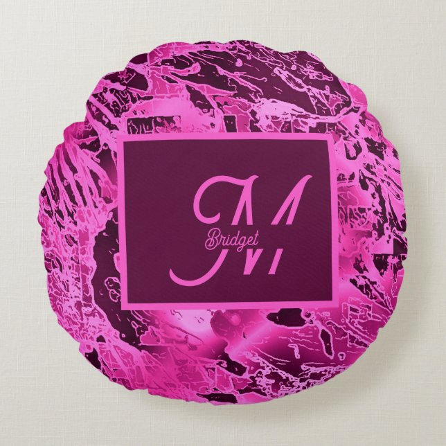 Elegante rosa Marmormor fett formatierte Monogramm Rundes Kissen (Vorderseite)