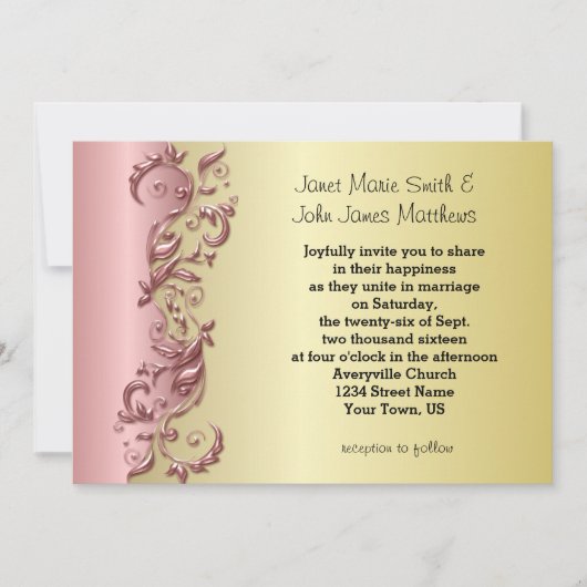 Elegante rosa Mauve & Gold Florid Wedding Einladung (Vorderseite)