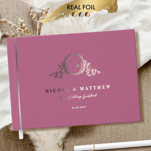 Elegante Rosa Mauve und Real Foil Monogram Wedding Gästebuch