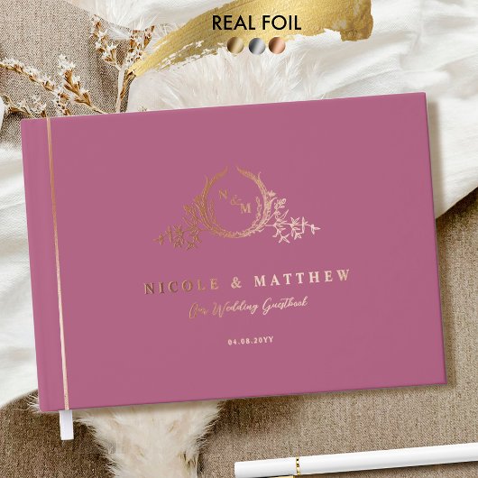 Elegante Rosa Mauve und Real Foil Monogram Wedding Gästebuch