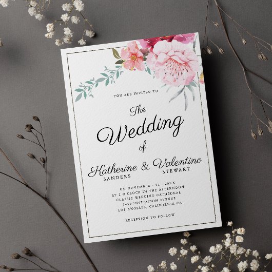 Elegante rosa Minze formale Drehbuch Blumenhochzei Einladung