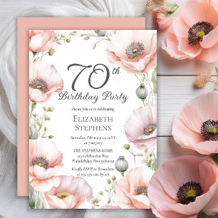 Elegante rosa Mohnblumen Floral 70. Geburtstagsfei Einladung