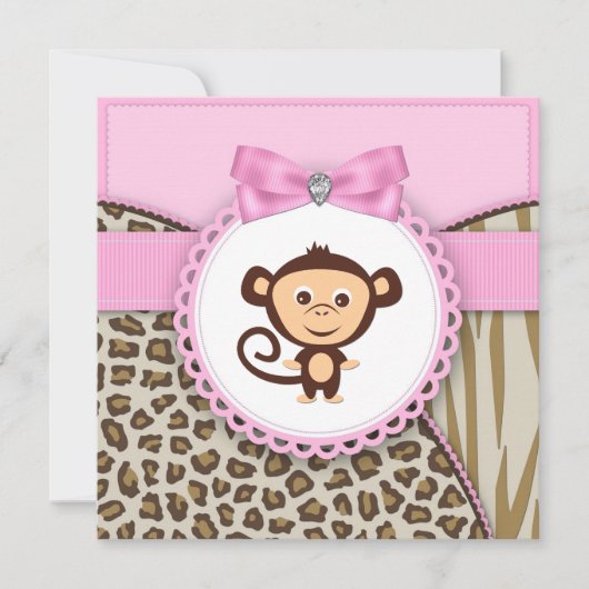 Elegante Rosa Monkey Baby Girl Dusche Einladung (Vorderseite)