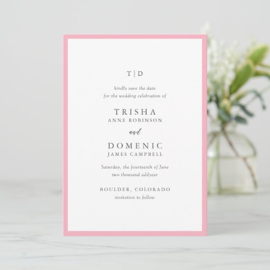 Elegante rosa Monogramm Moderne Hochzeit Save The Date (Stehend Vorderseite)