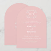 Elegante rosa Monogramm weiße Kalligrafie Hochzeit Einladung (Vorne/Hinten)