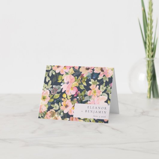 Elegante rosa Navy Wasserfarben Gewohnte Hochzeit Dankeskarte (Vorderseite)