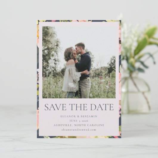 Elegante rosa Navy Wasserfarben Gewohnte Hochzeit Save The Date (Stehend Vorderseite)