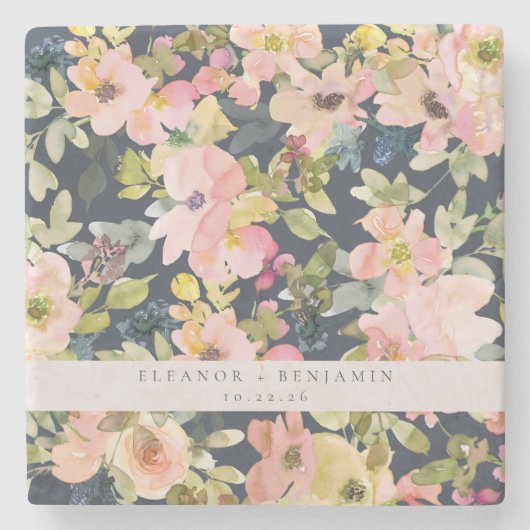 Elegante rosa Navy Wasserfarben Gewohnte Hochzeit Steinuntersetzer (Vorderseite)