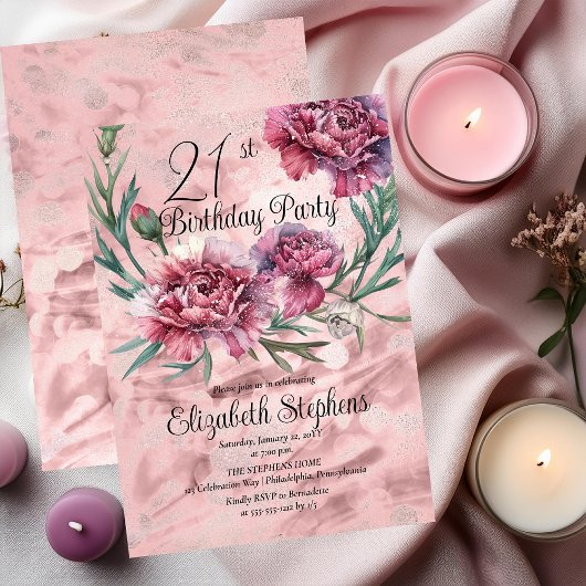 Elegante rosa Nelken 21. Geburtstag Party Einladung