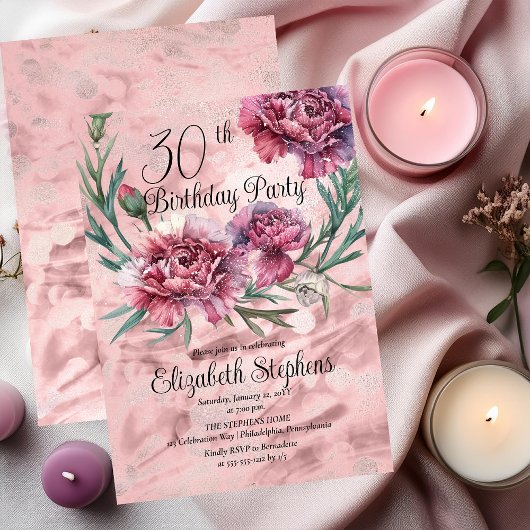 Elegante rosa Nelken 30. Geburtstag Party Einladung