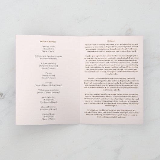 Elegante rosa Obituary Bereavement Service Program Programm (Innenseite)