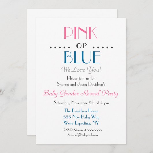 Elegante Rosa oder Blaues Geschlecht - Einladung (Vorne/Hinten)