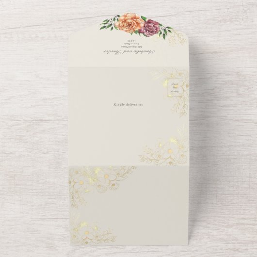 Elegante Rosa Orange Blumenhochzeit All In One Einladung (Außenbereich)