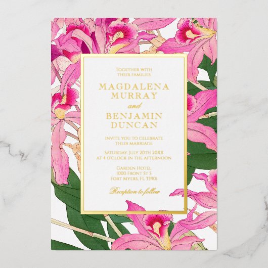 Elegante Rosa Orchid Blooms Tropische Blumenhochze Folieneinladung (Vorderseite)