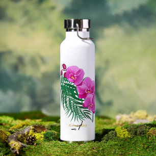Elegante rosa Orchideen grüne Palmwedel Monogramm Trinkflasche
