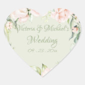 Elegante Rosa & Pastel Grüne Blumenhochzeit Herz-Aufkleber (Vorderseite)