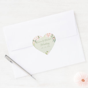Elegante Rosa & Pastel Grüne Blumenhochzeit Herz-Aufkleber