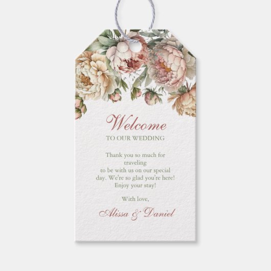 Elegante Rosa-Peonies-Gastgeschenk Hochzeit Geschenkanhänger (Vorderseite)