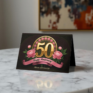 Elegante rosa Peonies Gold 50. Hochzeitstag Karte