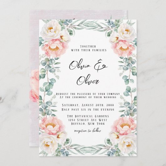 Elegante rosa Peonies und Eukalyptus Wedding Einladung (Vorne/Hinten)