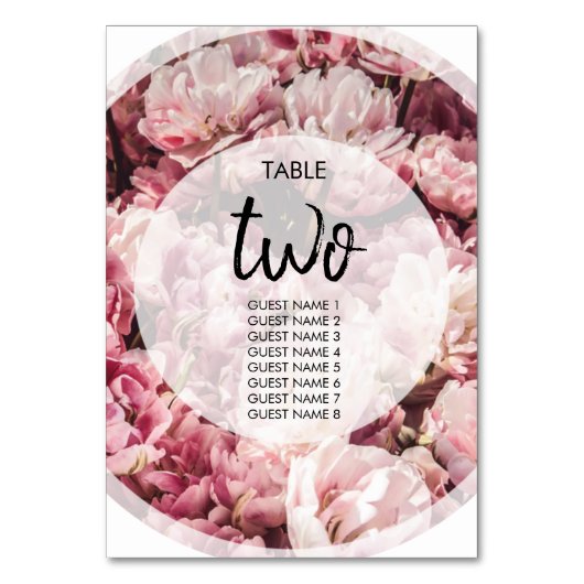 Elegante rosa Peonies Wedding Guest Names Tischnummer (Vorderseite)