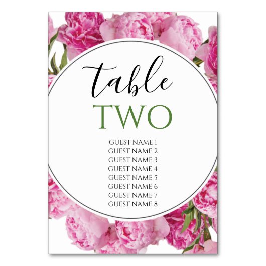 Elegante rosa Peonies Wedding Guest Names Tischnummer (Vorderseite)