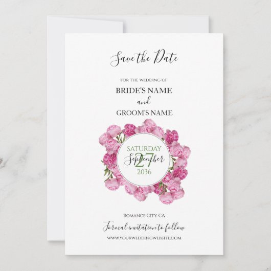 Elegante, rosa Peonies Wedding speichern das Datum Save The Date (Vorderseite)
