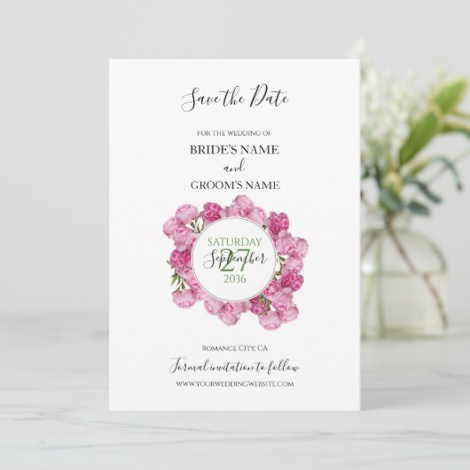 Elegante, rosa Peonies Wedding speichern das Datum Save The Date (Stehend Vorderseite)