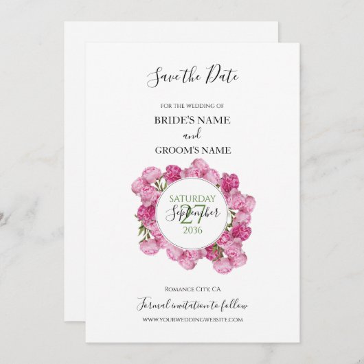 Elegante, rosa Peonies Wedding speichern das Datum Save The Date (Vorne/Hinten)