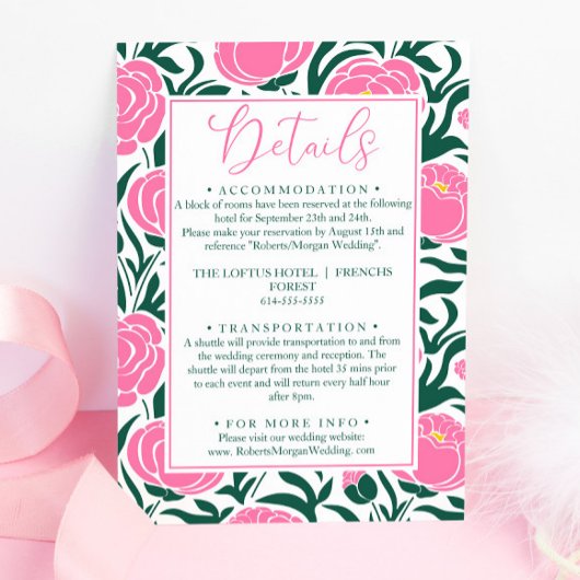 Elegante Rosa Peony Blume Hochzeitdetails Begleitkarte