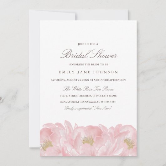 Elegante Rosa Peony Bridal Dusche Einladung (Vorderseite)