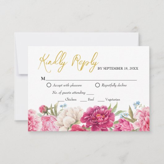 Elegante Rosa Peony Florals Wedding Reply RSVP Car (Vorderseite)