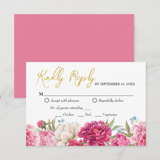 Elegante Rosa Peony Florals Wedding Reply RSVP Car (Vorne/Hinten)