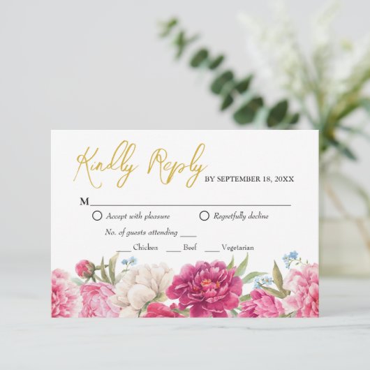Elegante Rosa Peony Florals Wedding Reply RSVP Car Karte (Stehend Vorderseite)