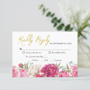 Elegante Rosa Peony Florals Wedding Reply RSVP Car Karte